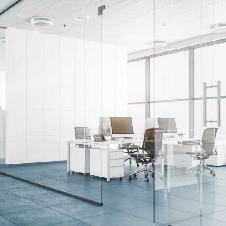 An office with polyester white partition walls.