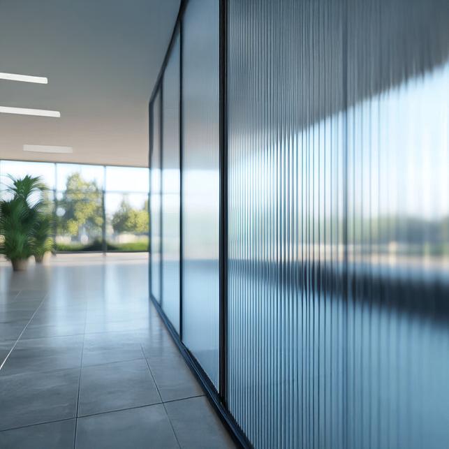 Clear reeded acrylic partition in an open plan office.