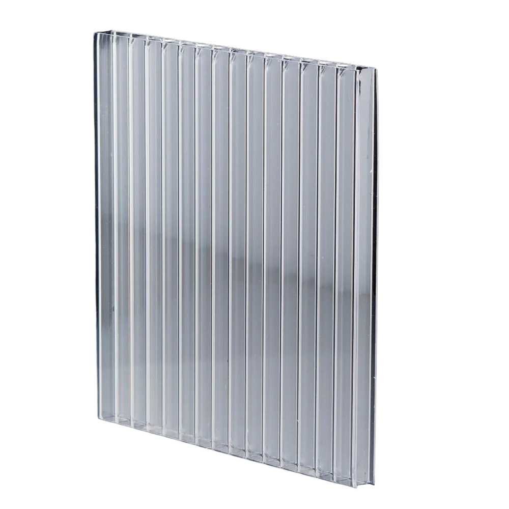 A clear twin wall sheet stood up right.