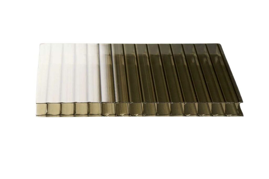 A flat sheet of light bronze twinwall polycarbonate.