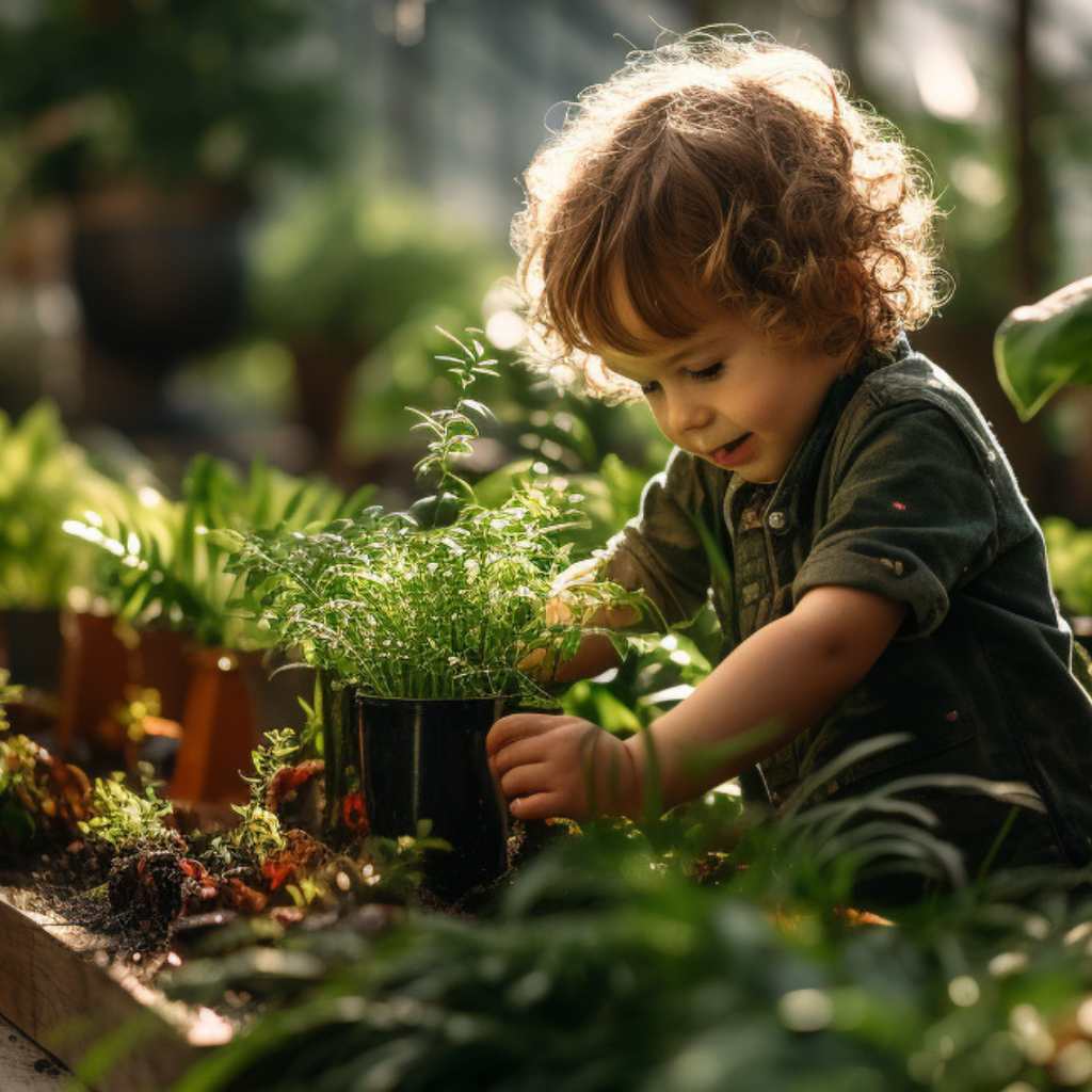 A small child gardening inside a greenhouse.