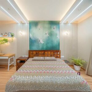 A bedroom with a custom print on pvc panels.