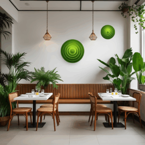 A restaurant with green circular 3d art made from pvc.