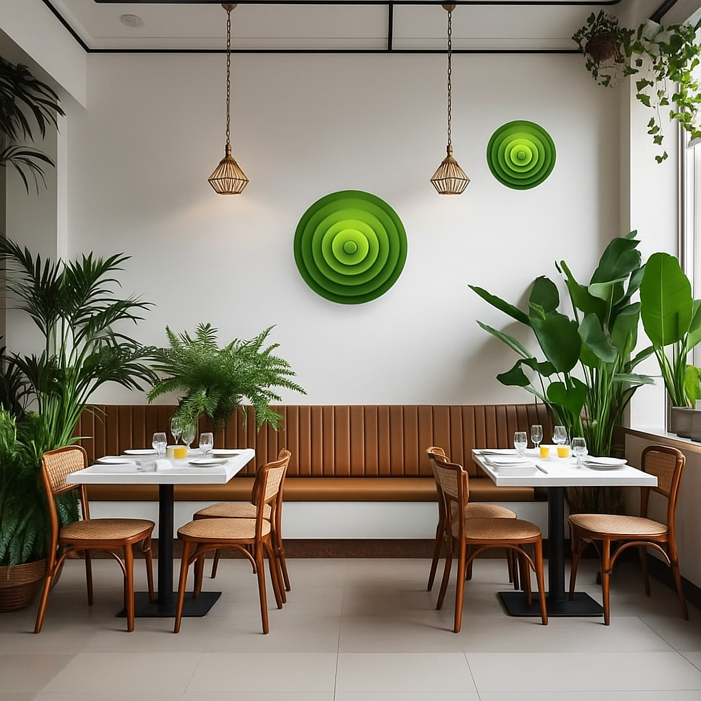A restaurant with green circular 3d art made from pvc.
