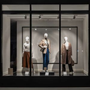 A shop window display with PVC backdrop wall panels.