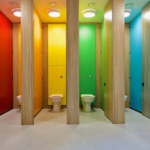 Toilets with colourful PVC wall cladding.