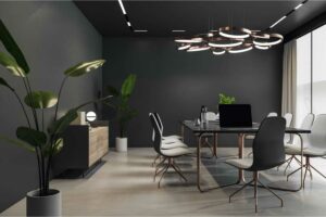 A modern office with PVC wall paneling and office furniture.