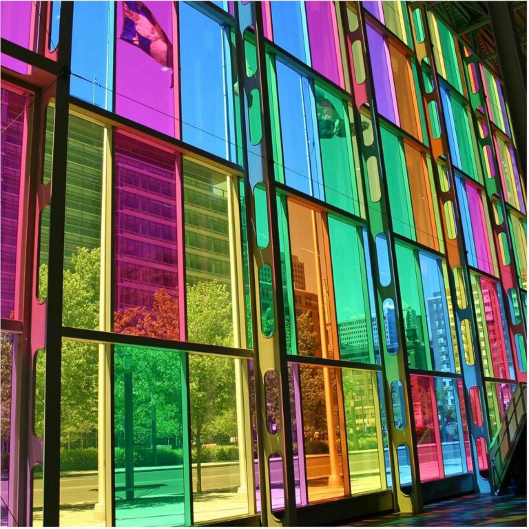 Coloured mirrored wall.