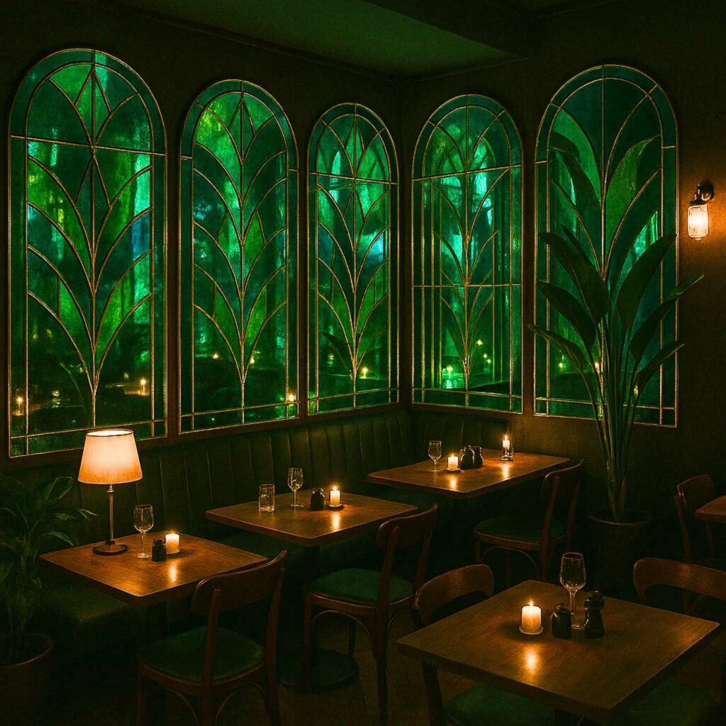 A restaurant with blue and green mirrored walls.