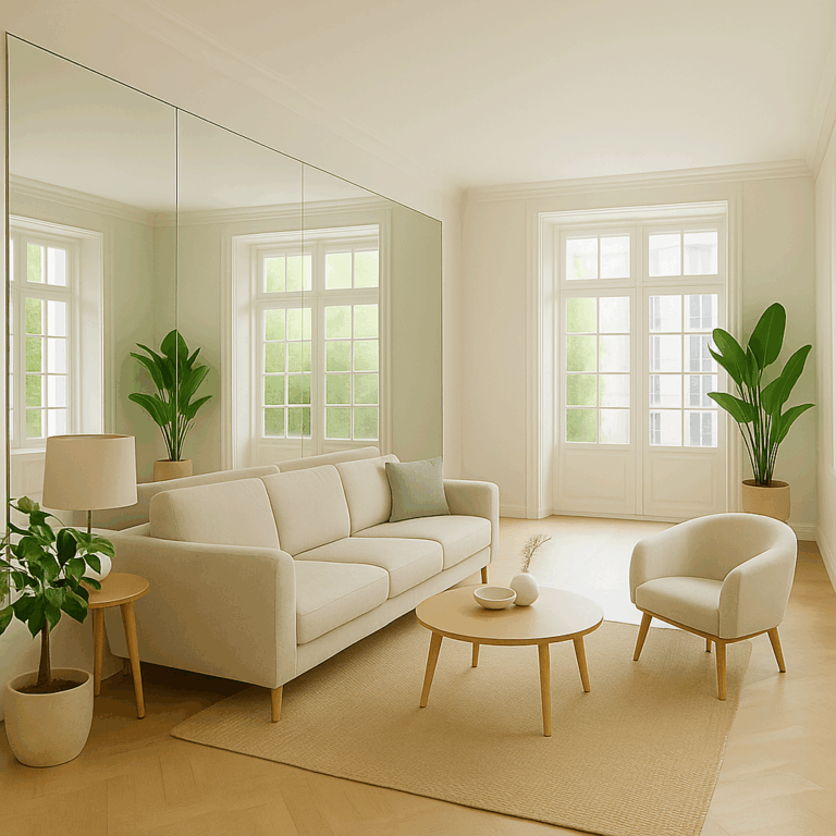 An airy room with plants and a large mirror behind the sofa.