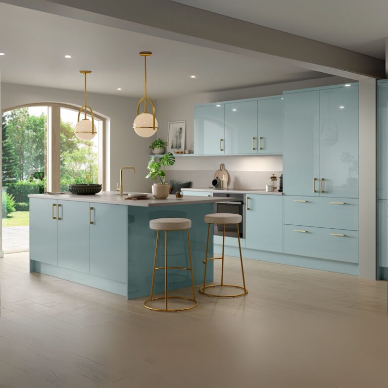 A blue pastel kitchen made from perspex acrylic.