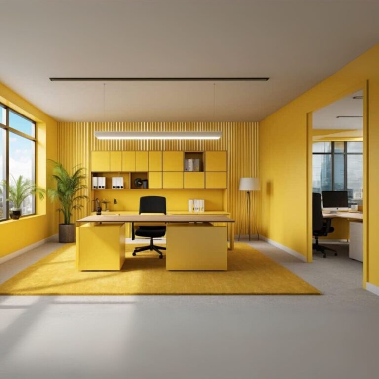 An office with cupboards made form matte yellow perspex.