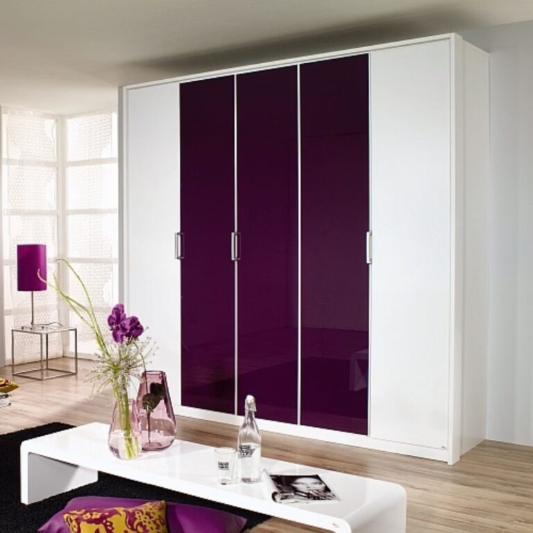 A wardrobe made from white and burgundy gloss Perspex acrylic.