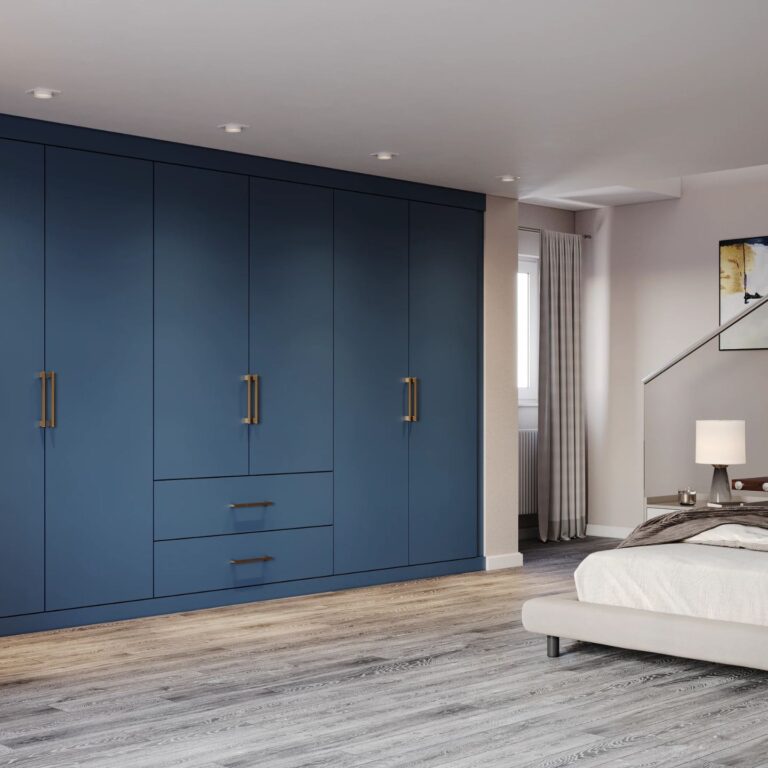 A matte blue wardrobe made from perspex.