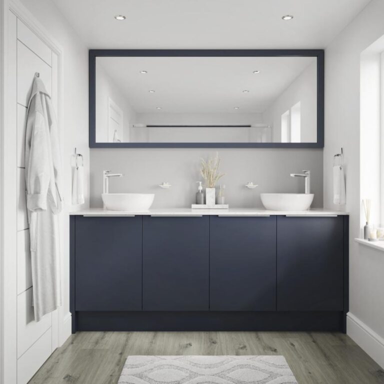 A bathroom with matte purple perspex cupboards.