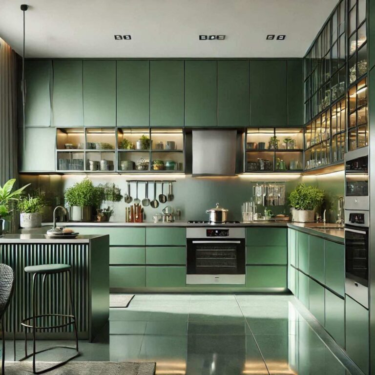 A green kitchen made from perspex acrylic.