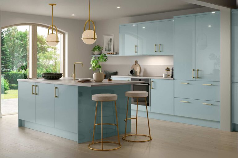 A pastel blue kitchen.