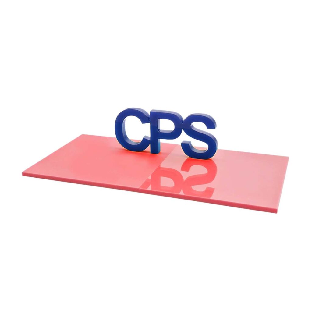 CPS letters on a pink sherbet perspex sheet.
