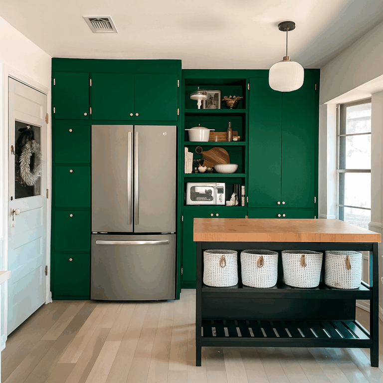An emerald green kitchen.