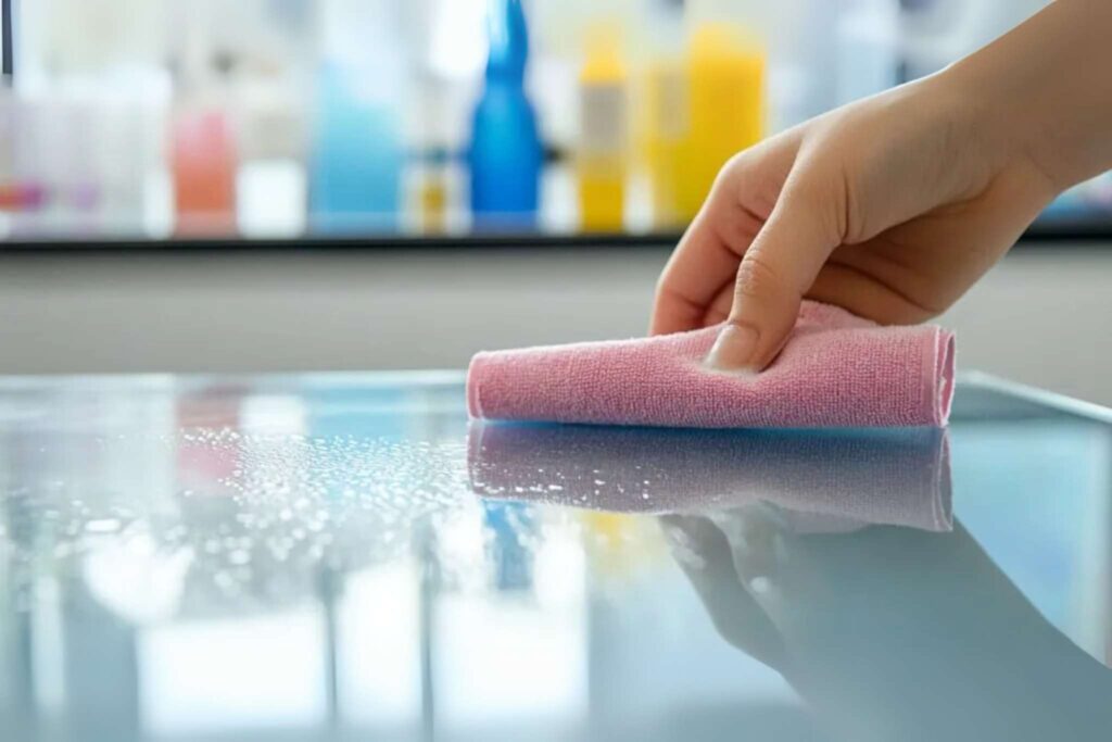 Close up of a hand cleaning clear acrylic with a cloth.