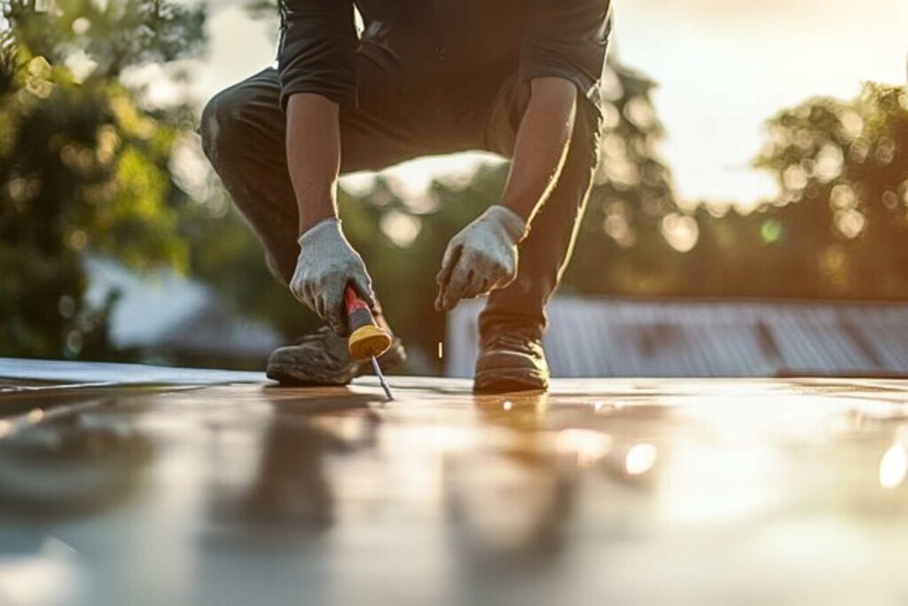 Man crouched down using sealant on roof.