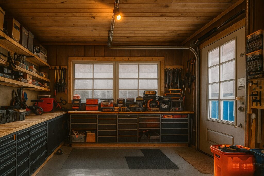 A shed workshop with different tools and secondary glazed windows.