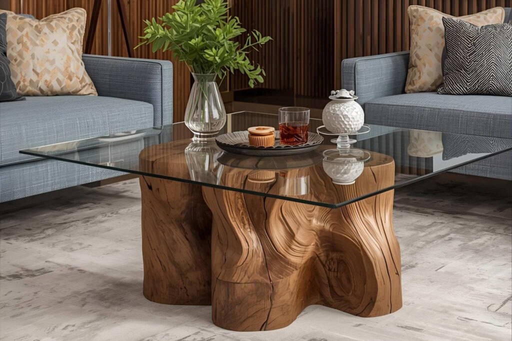 A chunky wooden table in a lounge with a clear acrylic top.