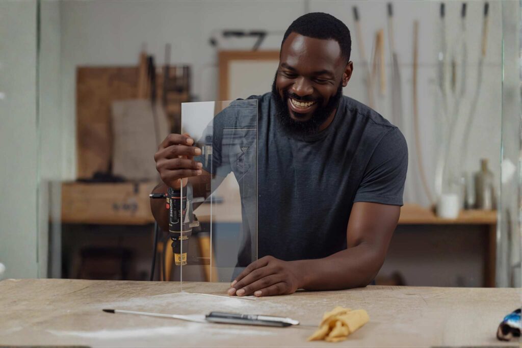 A happy man sanding down some clear acrylic in his workshop.