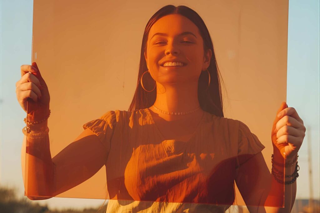 A smiling girl holding an orange tinted acrylic sheet.