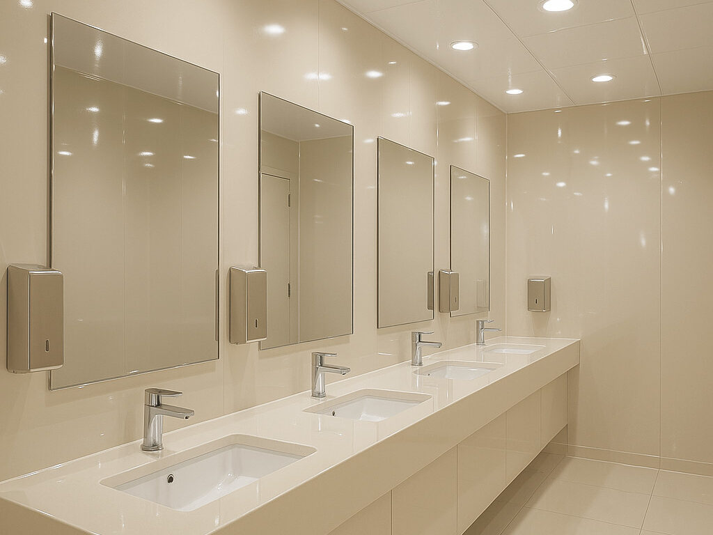 Corporate bathroom with neutral beige hygienic wall cladding.