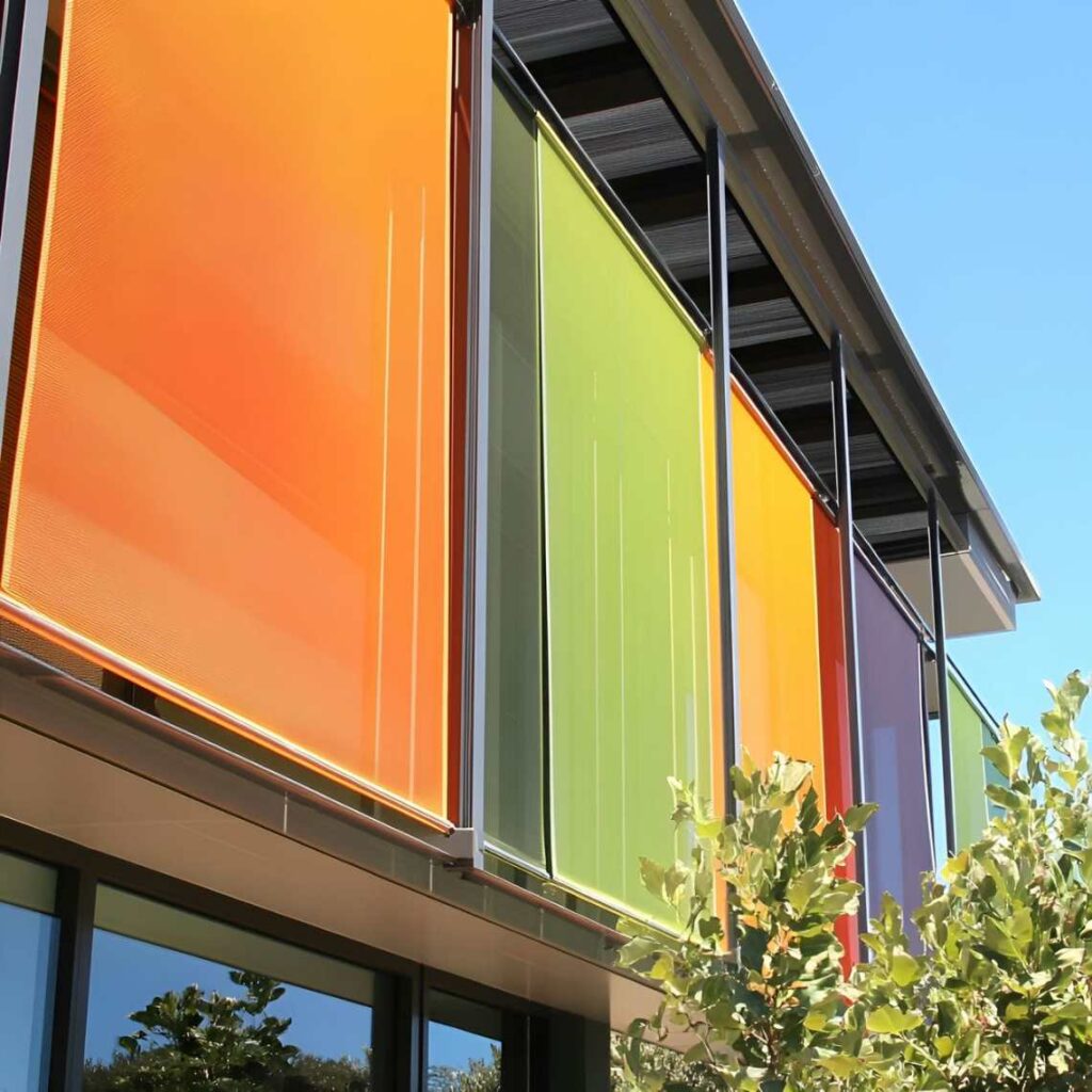 Coloured acrylic sheets on the outside of a building.