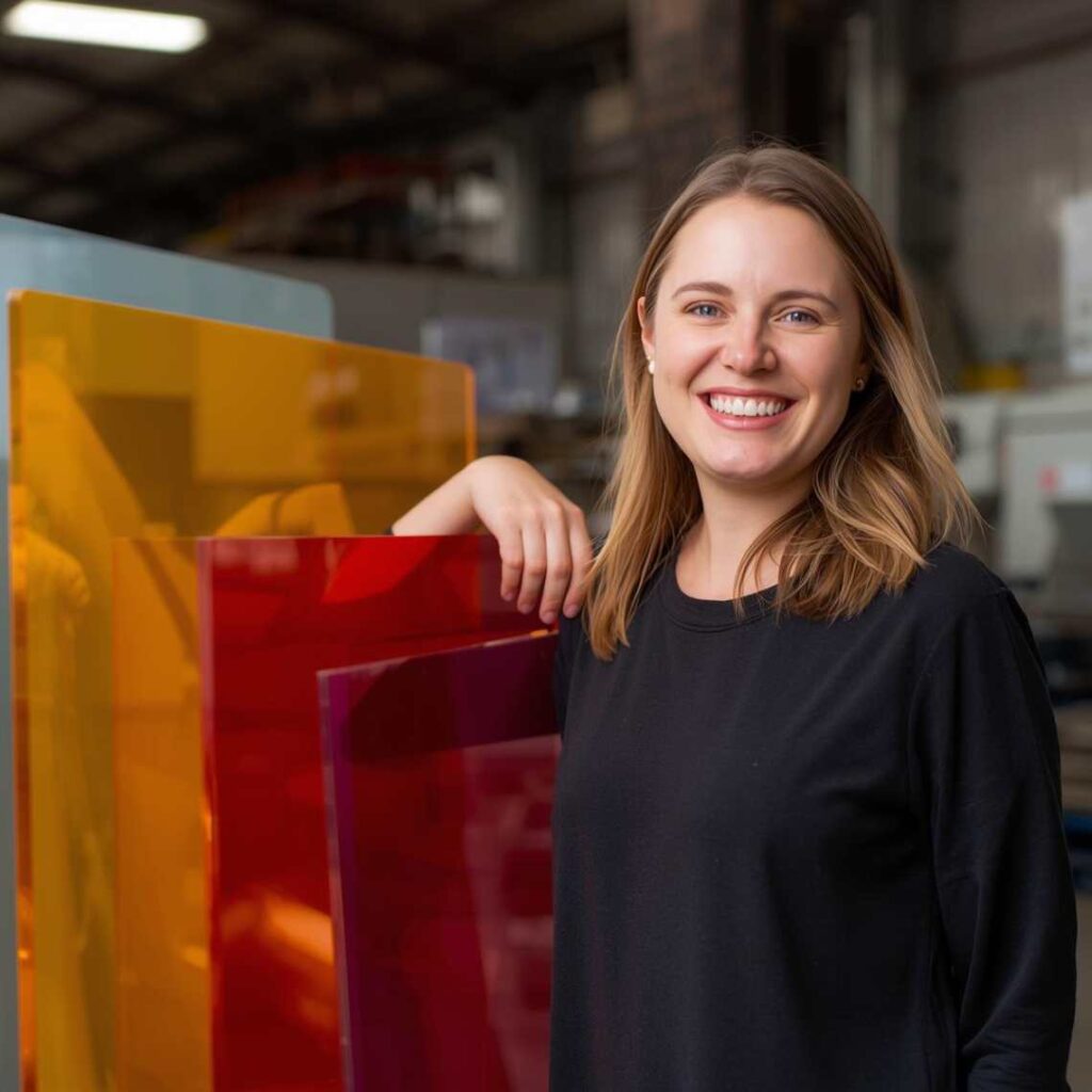 Woman smiling leaning on coloured acrylic.