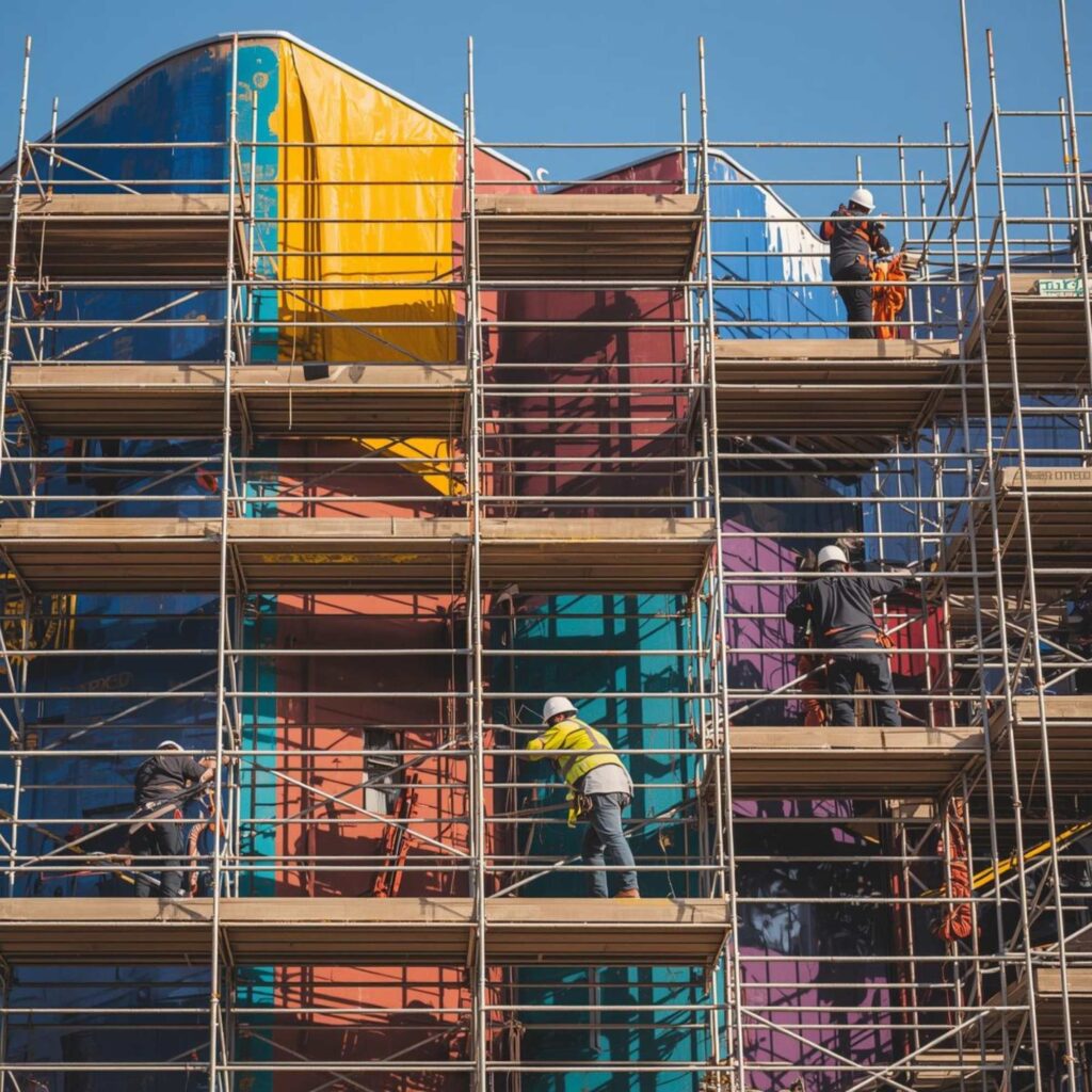 Builders working on a construction project of a colourful building.
