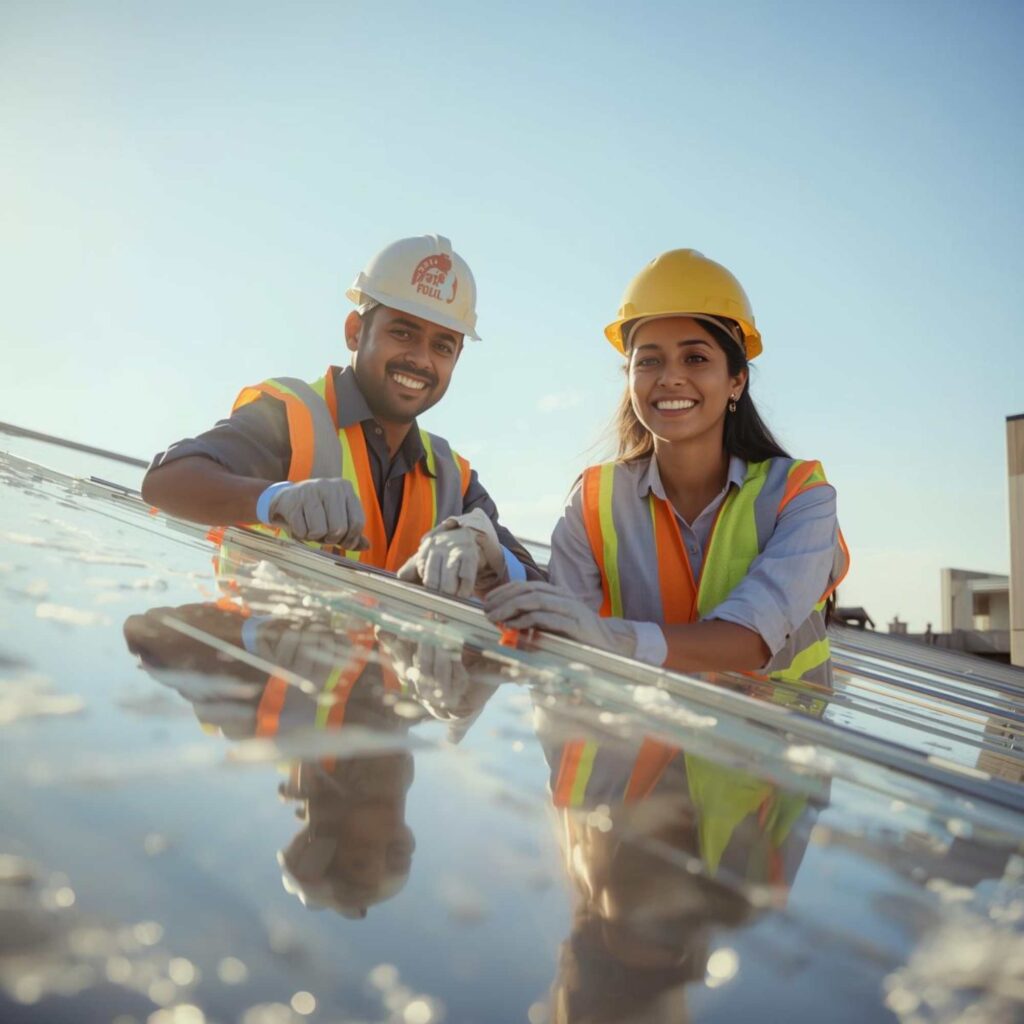 A happy lady and man builders laying acrylic roofing