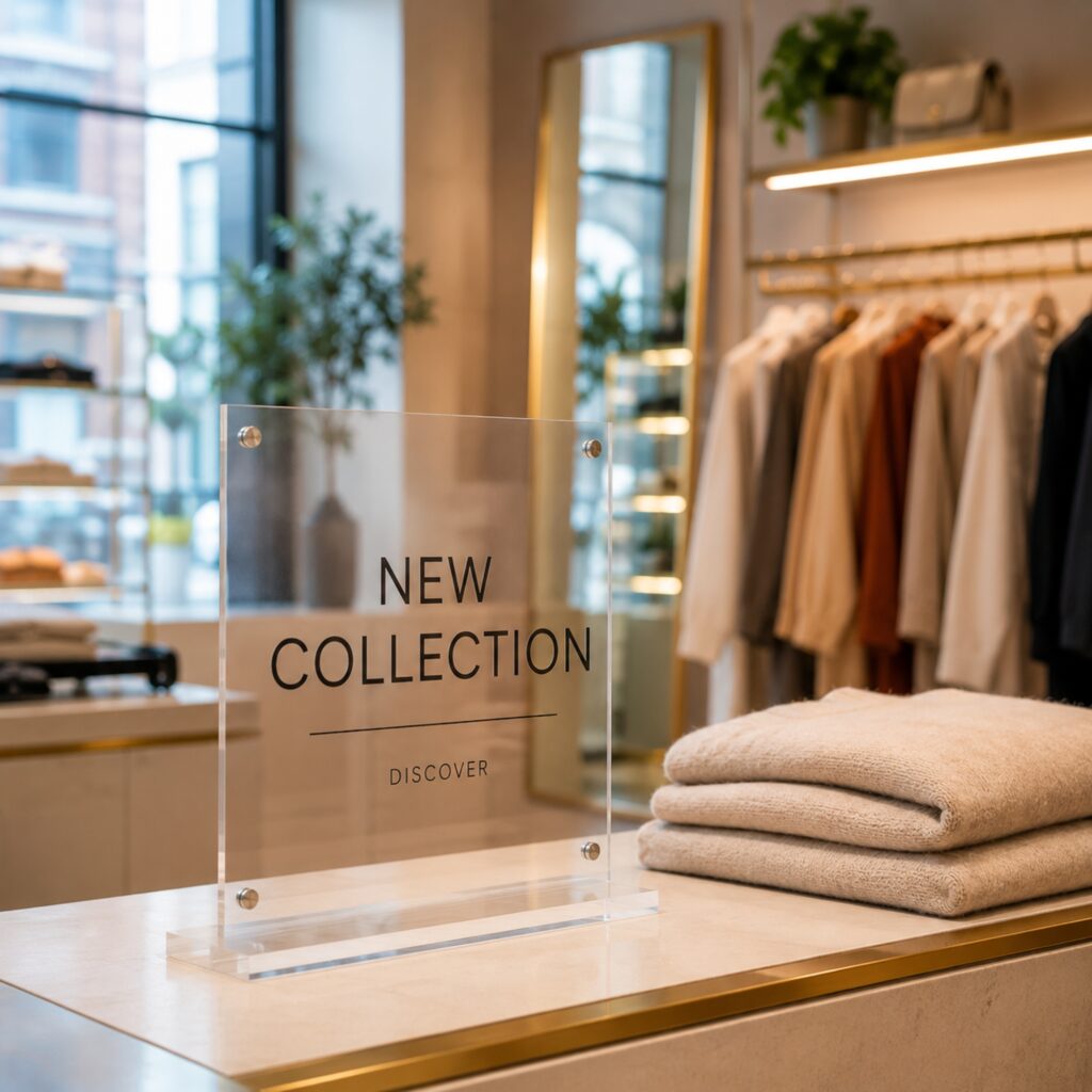 A countertop, freestanding clear acrylic retail sign with "New Collection" on it in a clothing store.