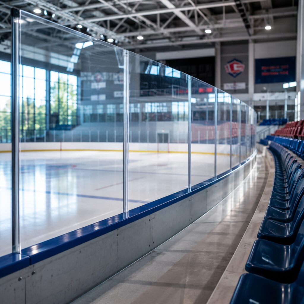 An ice rink with a sports shield made from clear polycarbonate.