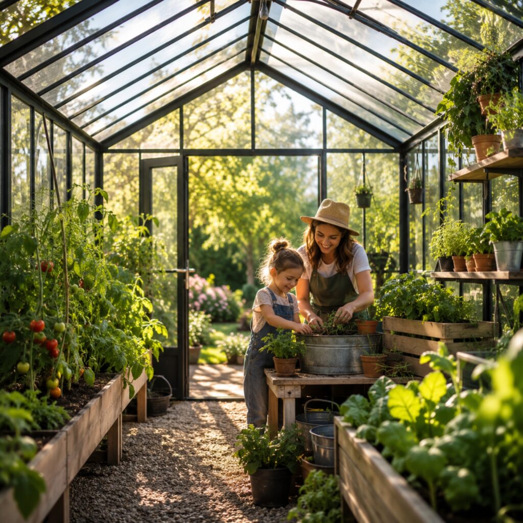 A woman and her daughter smiling, planting inside of a greenhouse.