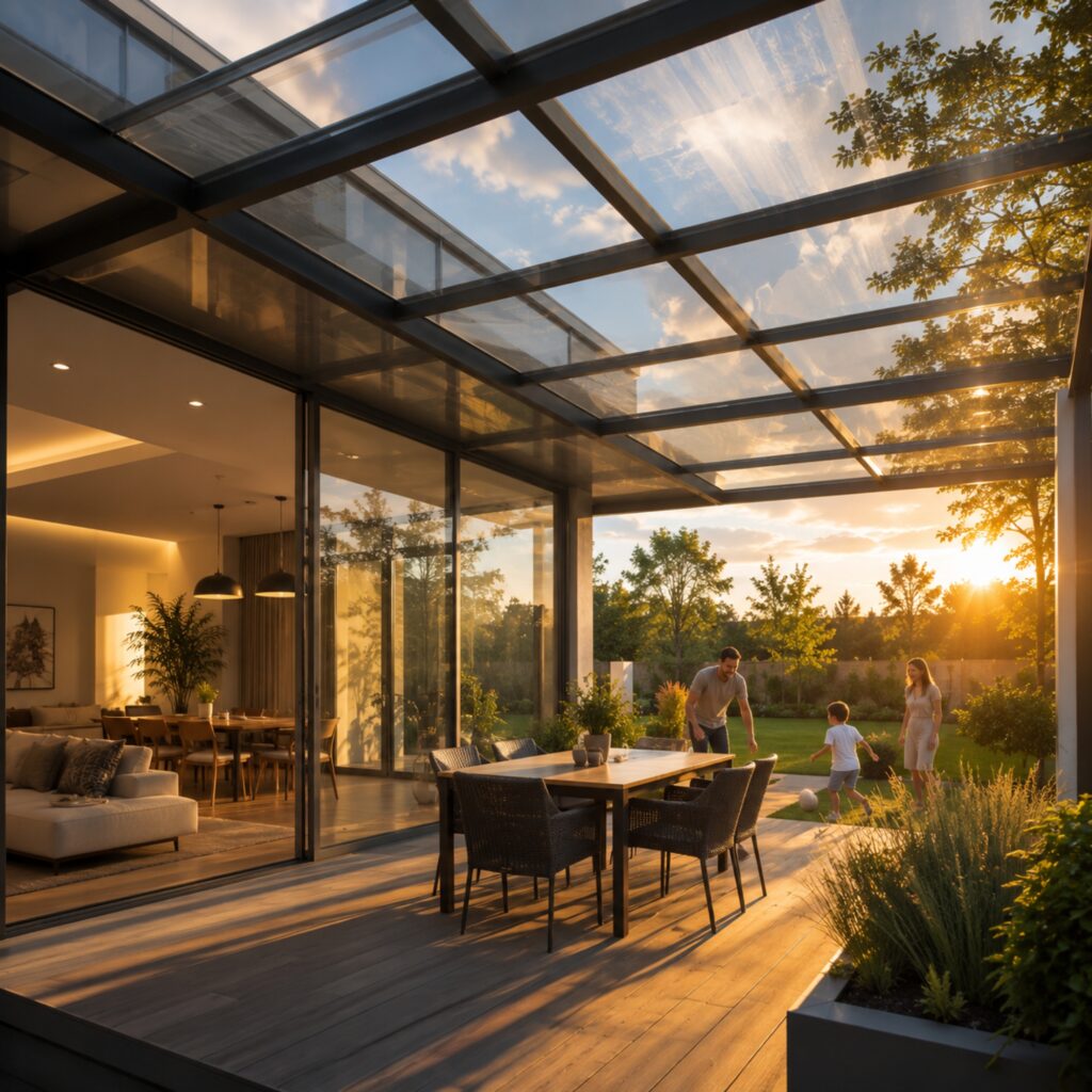 Golden hour at a house, showing a polycarbonate roof and a father, mother and child playing in the garden.