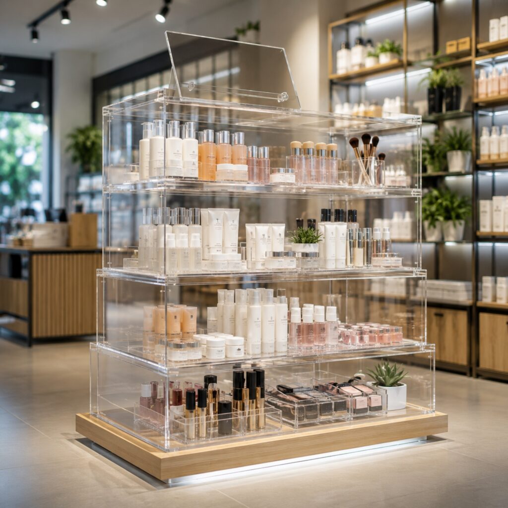 A skincare display made from clear PETG in a cosmetics shop.