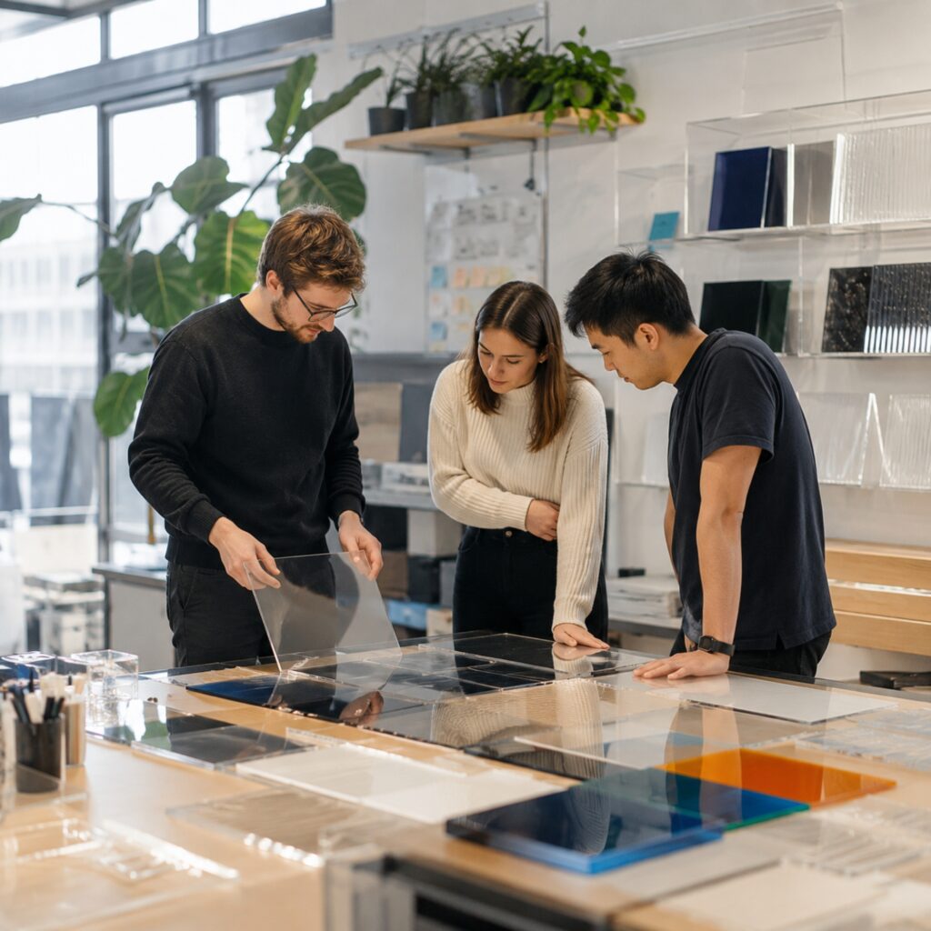 A man holding a clear sheet of plastic in a studio setting, with a woman and a man stood next to him looking at the plastic.